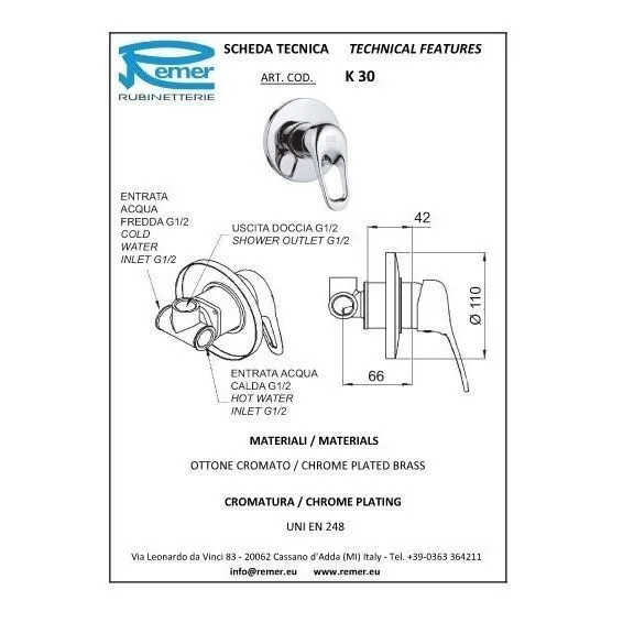 Смеситель Remer Kiss K30 для душа, хром
