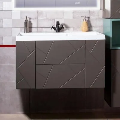 Тумба под раковину подвесная Бриклаер КРИСТАЛЛ ясень анкор темный/графит, 90 см