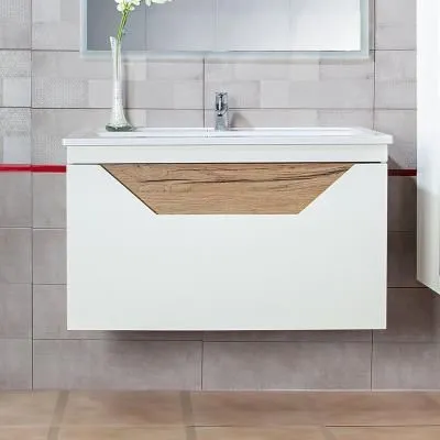 Тумба под раковину подвесная Бриклаер Брайтон белый/дуб, 100 см