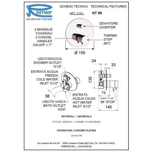 Смеситель Remer Elegance NT09 для ванны с душем, хром