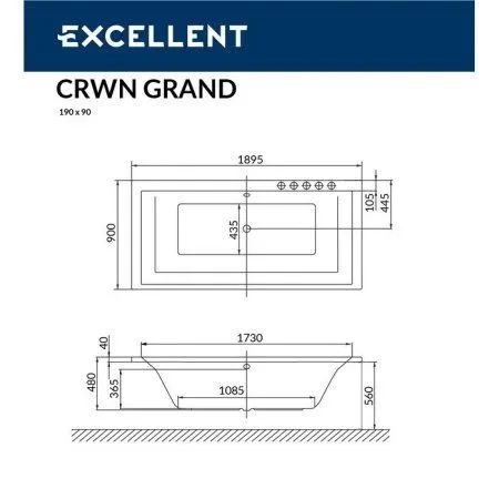 Акриловая ванна Excellent Crown WAEX.CRG19.SOFT.GL 190x90  с гидромассажем, белый/золото