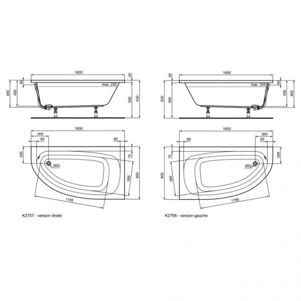 Акриловая ванна Ideal Standard Hotline Offset K275801 160x90 левая