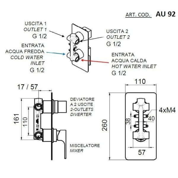 Смеситель Remer Absolute AU92 для душа/ванны, хром