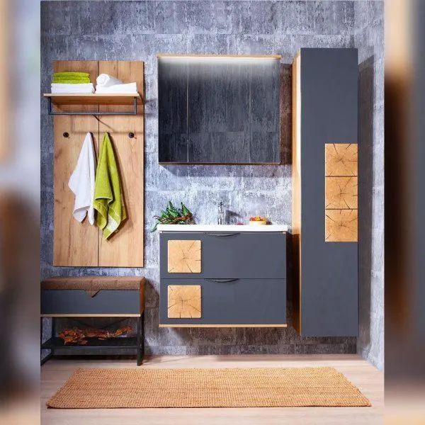 Тумба под раковину подвесная Бриклаер Форест дуб золотой/антрацит, 80 см