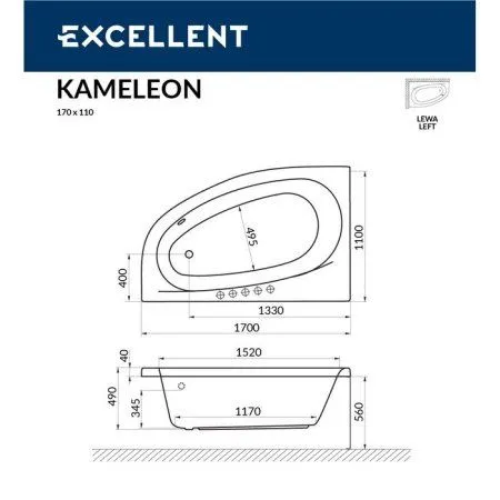 Акриловая ванна Excellent Kameleon WAEX.KML17.RELAX.GL 170x110 L с гидромассажем, белый/золото