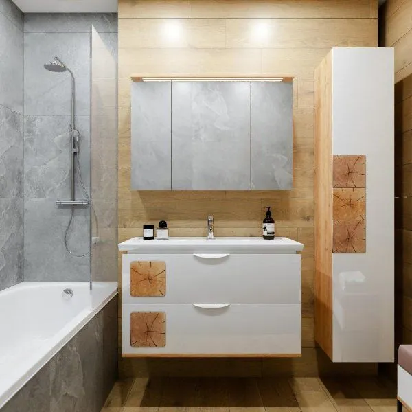 Тумба под раковину подвесная Бриклаер Форест дуб золотой/белый, 100 см