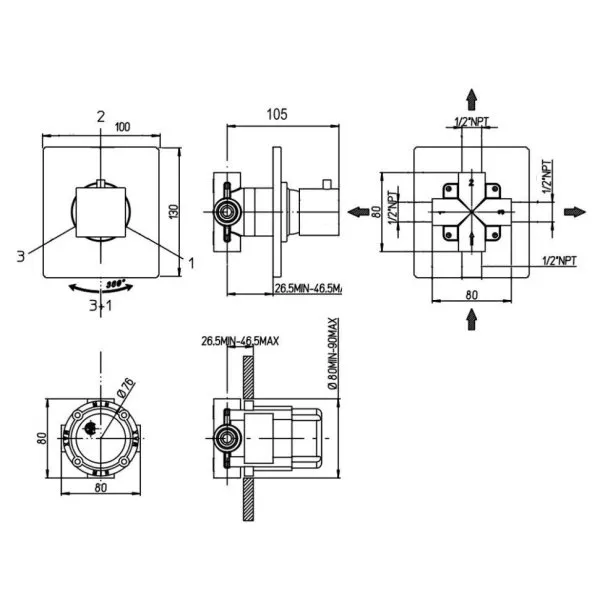 Дивертор Paini Grazia на 3 выхода, встраиваемый, PVD матовый черный 21PZ471