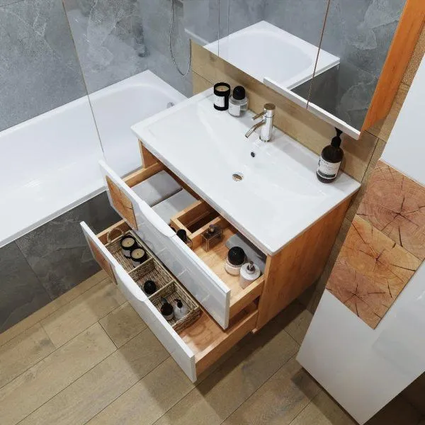 Тумба под раковину подвесная Бриклаер Форест дуб золотой/белый, 80 см