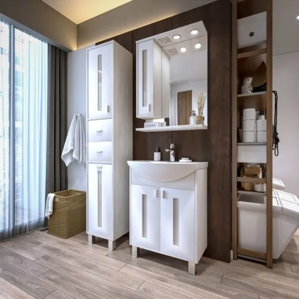 Зеркало со шкафом Бриклаер БАЛИ 62 см левое, светлая лиственница/белый