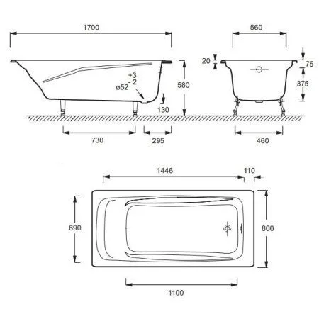 Чугунная ванна Jacob Delafon Repos E2918-S-00 170х80 без отверстий для ручек