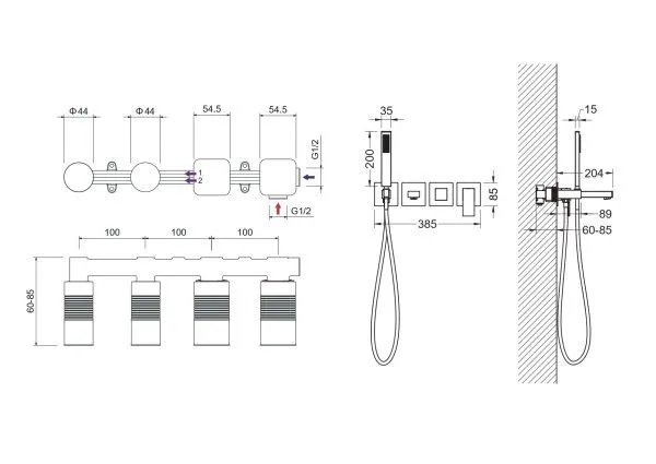 Смеситель для ванны встроенный (внешняя и скрытая часть) Aquatek ЛИБРА AQ1644MB, черный матовый