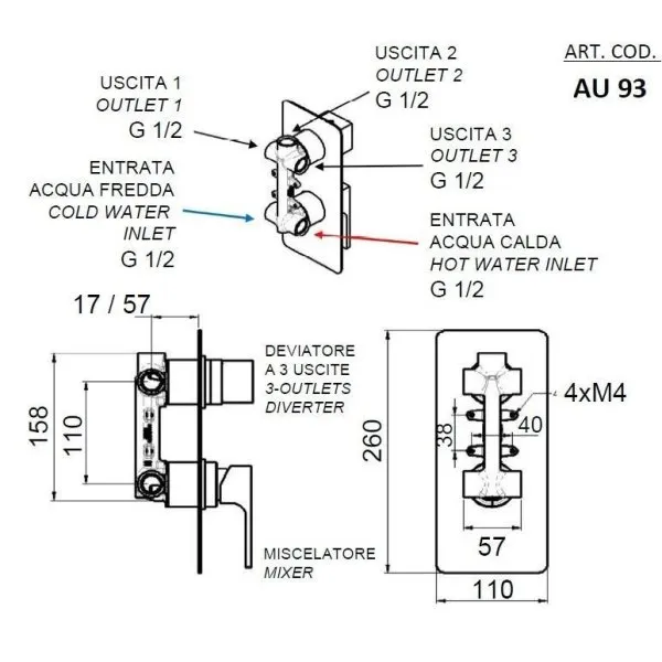 Смеситель Remer Absolute AU93 для душа/ванны, хром
