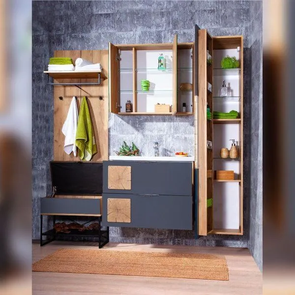 Тумба под раковину подвесная Бриклаер Форест дуб золотой/антрацит, 80 см