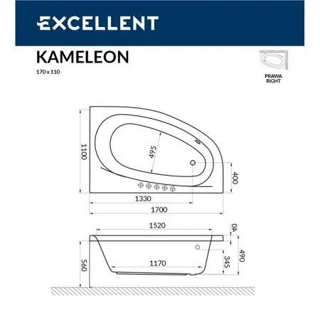 Акриловая ванна Excellent Kameleon WAEX.KMP17.SOFT.GL 170x110 R с гидромассажем, белый/золото