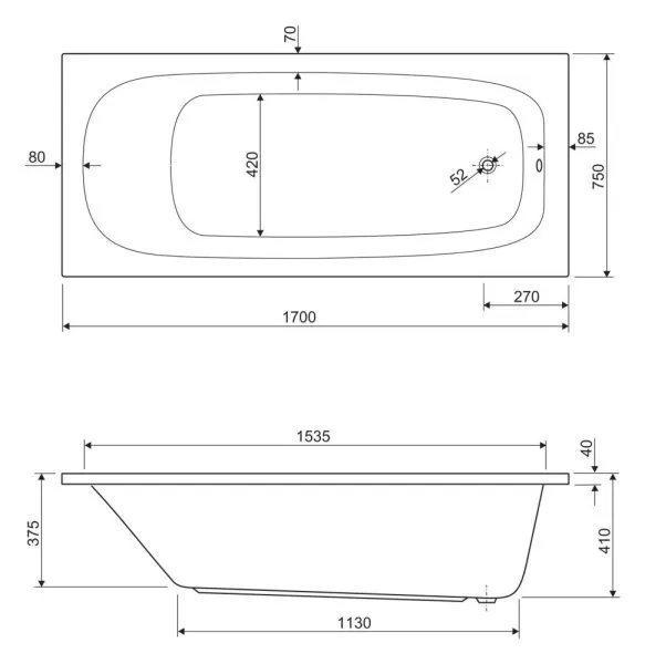 Акриловая ванна Cezares Eco ECO-170-75-41-W37 150x70 белый