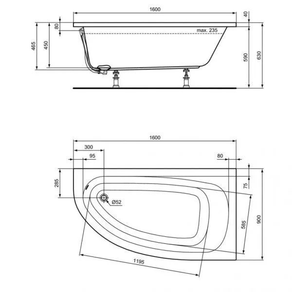 Акриловая ванна Ideal Standard Hotline Offset K275701 160x90 правая