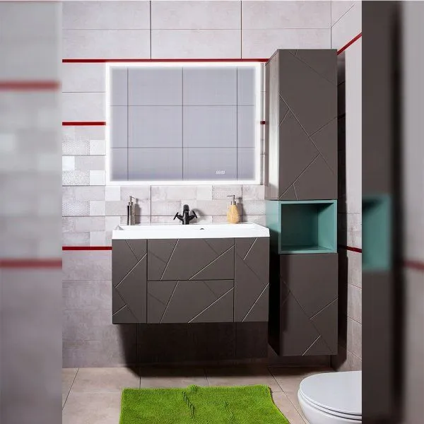 Тумба под раковину подвесная Бриклаер КРИСТАЛЛ ясень анкор темный/графит, 90 см