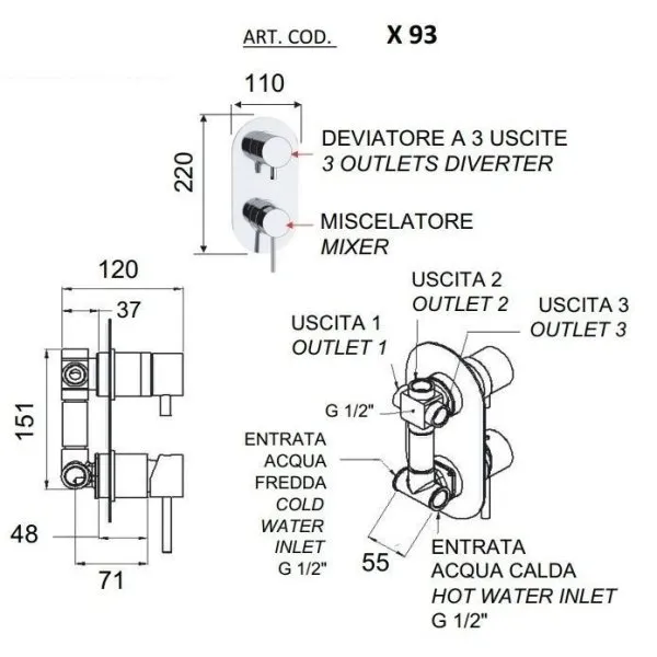 Смеситель Remer X Style X93 для ванны с душем, хром
