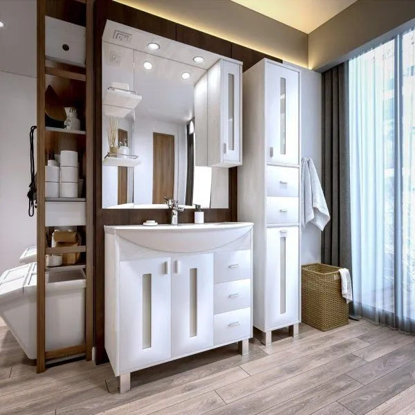 Зеркало со шкафом Бриклаер БАЛИ 90 см правое, светлая лиственница/белый