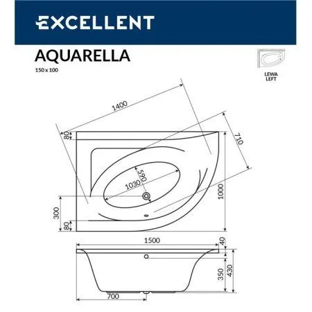 Акриловая ванна Excellent Aquarella WAEX.ARL15.LINE.GL 150x100 L с гидромассажем, белый/золото