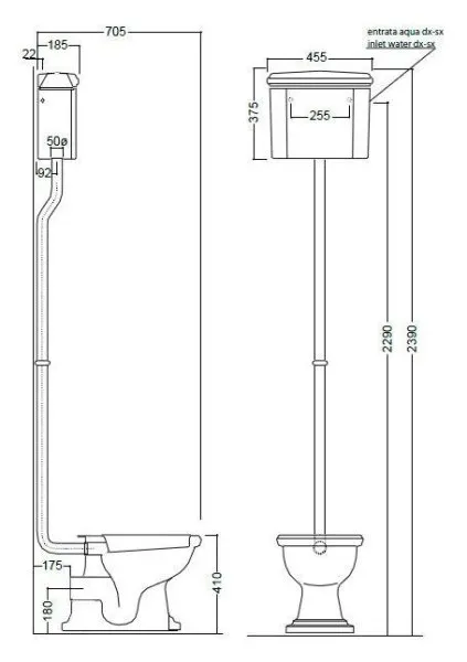 Унитаз Kerasan Retro 101101 с высоким бачком, горизонтальный выпуск, фурнитура хром