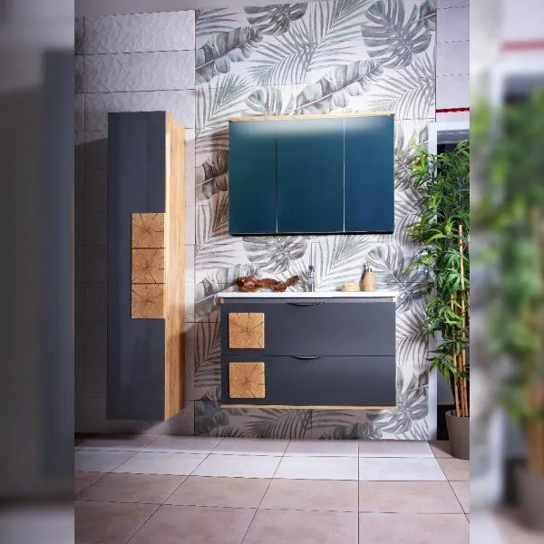 Тумба под раковину подвесная Бриклаер Форест дуб золотой/антрацит, 100 см