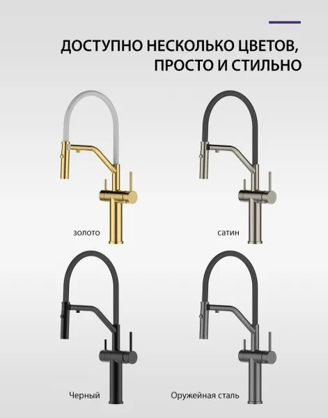 Смеситель для кухонной мойки Gappo G4399-89 с гибким изливом и подключением фильтра питьевой воды, оружейная сталь