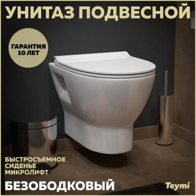 Унитаз подвесной Teymi Ritta безободковый, сиденье микролифт T40809