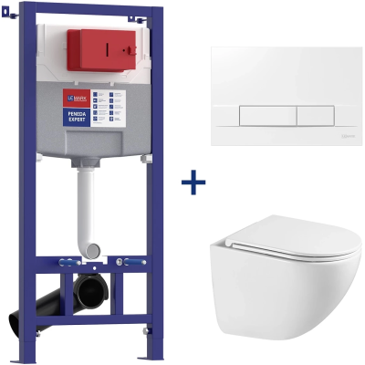 Комплект инсталляция с унитазом Lemark Peneda Expert Bit 9812002 + 9804008 с кнопкой смыва, белый глянец + унитаз подвесной Lemark Glazer 9614003 безободковый, торнадо, с сиденьем микролифт, белый глянец