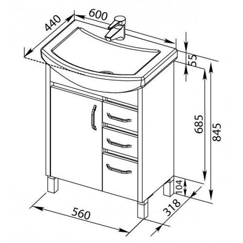 Тумба под раковину Aquanet Донна 00175839 60, 3 ящика, белый дуб