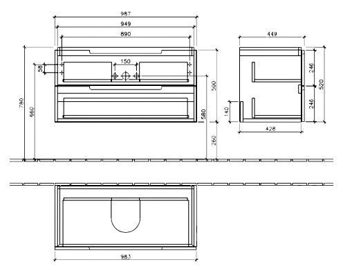 Тумба с раковиной Villeroy & Boch Legato 100 eiche graphit, 2 ящика