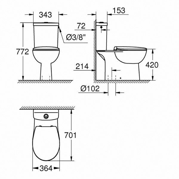 Унитаз-компакт Grohe Bau 115518 горизонтальный выпуск, наполнение снизу, микролифт