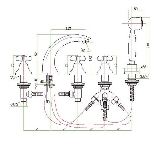 Смеситель Fiore Margot 26GO0608 на борт ванны, на 5 отверстий, золото
