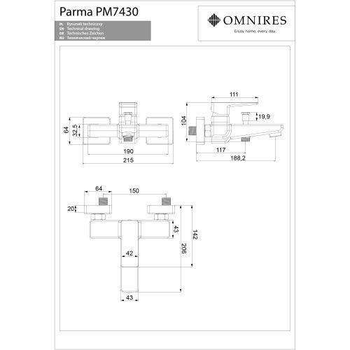 Смеситель Omnires Parma PM7430BL для ванны, черный