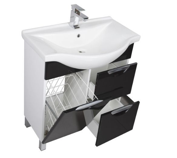 Тумба под раковину Aquanet Асти 00178256 75 черная, 2 ящика, бельевая корзина