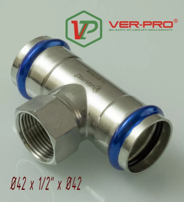 Тройник с переходом на внутреннюю резьбу из нержавеющей стали 42×1/2″×42 Ver-pro VPTF42342