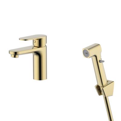 AQ1812BG НИКА смеситель для раковины 90 без донного клапана с гигиеническим ручным душем, шлиф.золото