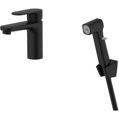 Смеситель для раковины Aquatek Ника AQ1812MB с гигиеническим душем, без донного клапана, черный матовый
