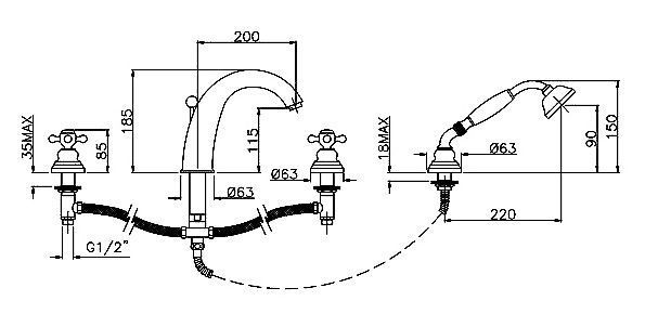 Смеситель Gattoni Vivaldi 1240012V0br на борт ванны, бронза