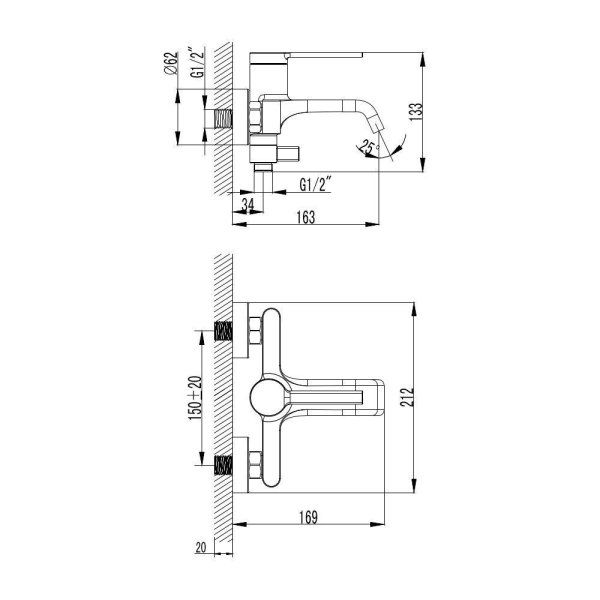 Смеситель для ванны однорычажный AQUAme Asti, с душевым набором, 3 режима, Brushed gold
