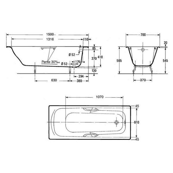 Чугунная ванна Jacob Delafon Prelude E2944-00 150х70 с отверстиями для ручек