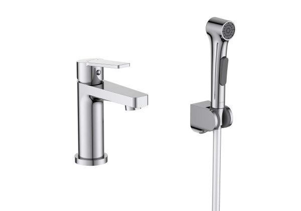 AQ1712CR ЛУГАНО смеситель для раковины 106 с гигиеническим ручным душем