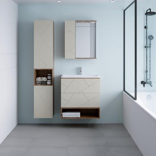 Тумба с раковиной и нишей Бриклаер КРИСТАЛЛ 70L, латте/дуб крафт табачный