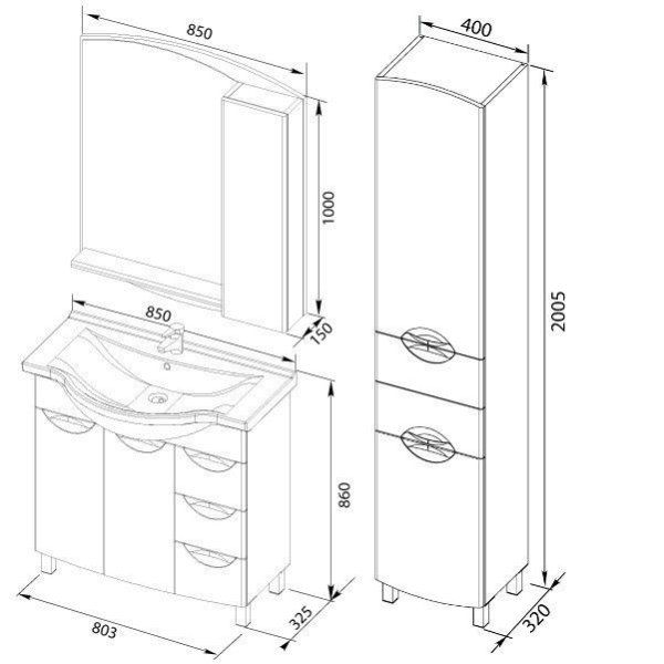 Тумба под раковину Aquanet Асти 00178243 85 черная, 2 дверцы, 3 ящика