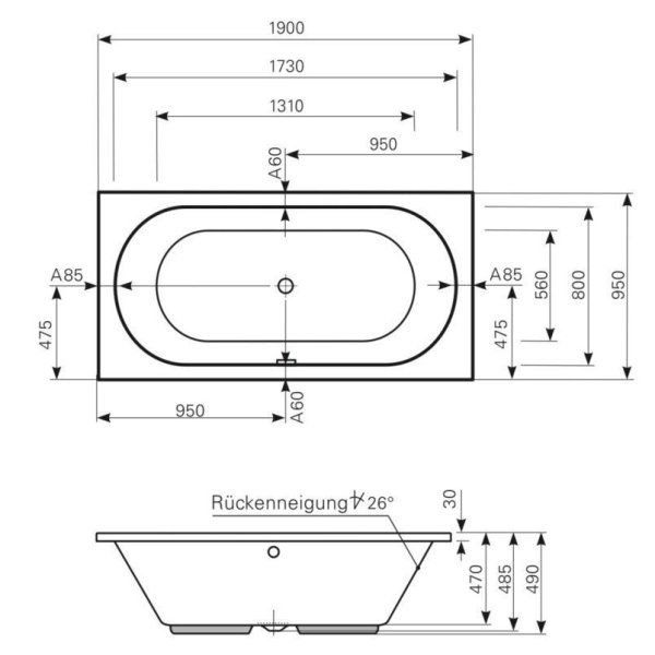 Акриловая ванна Mauersberger Ausana 1019000290 190х95 белый матовый
