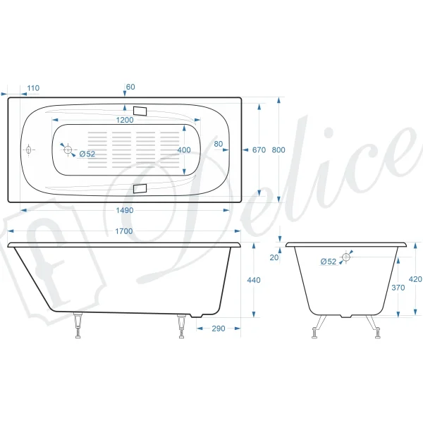 Ванна чугунная Delice Flex DLR230631R-AS 170x80 см, с отверстиями под ручки, антискользящим покрытием, белый
