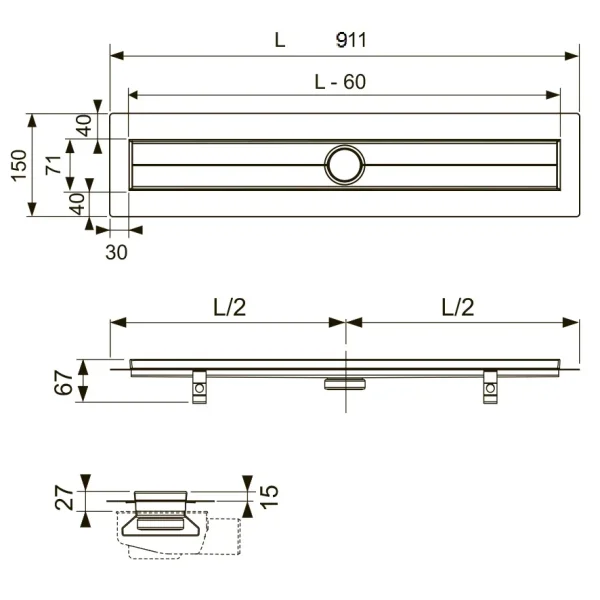 Душевой трап (лоток) Tece TECEdrainline steel II 640926 85 см, с решеткой, щелевой, нержавеющая сталь