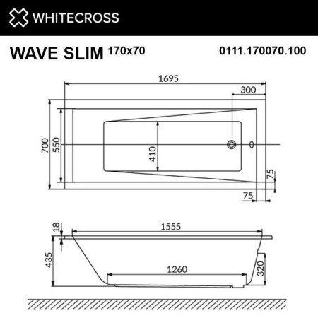Ванна акриловая Whitecross Wave Slim 0111.170070.100.SOFT.GL 170x70 с гидромассажем, белый/золото