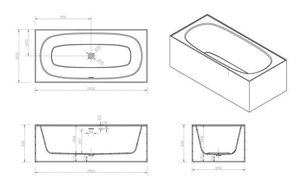 Ванна из искусственного камня ABBER Blitz AS9501GB 180x85 белый мрамор