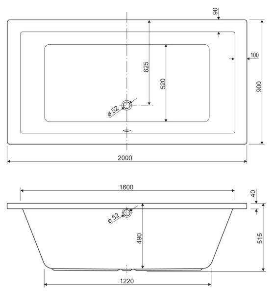 Акриловая ванна Cezares Plane PLANE-200-90-49-W37 200x90 белый